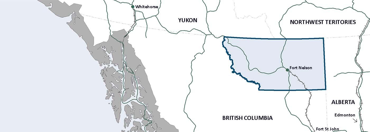 Map detailing the boundary of the Northern Rockies around the town of Fort Nelson.